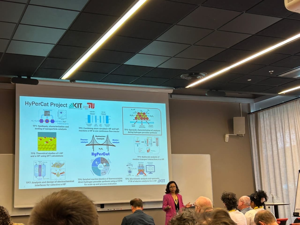 Präsentation des HyPerCat Projekts am KIT mit einem Diagramm zu Katalyse-Forschungszielen.